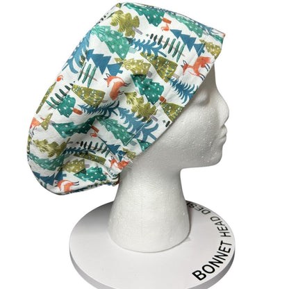 Winter Fox Euro Scrub Cap- toggle adjustable hat in winter print
