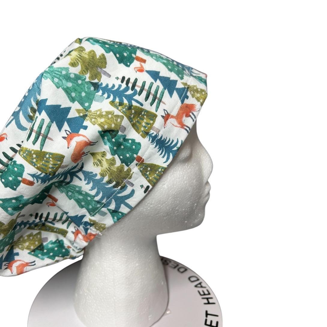 Winter Fox Euro Scrub Cap- toggle adjustable hat in winter print