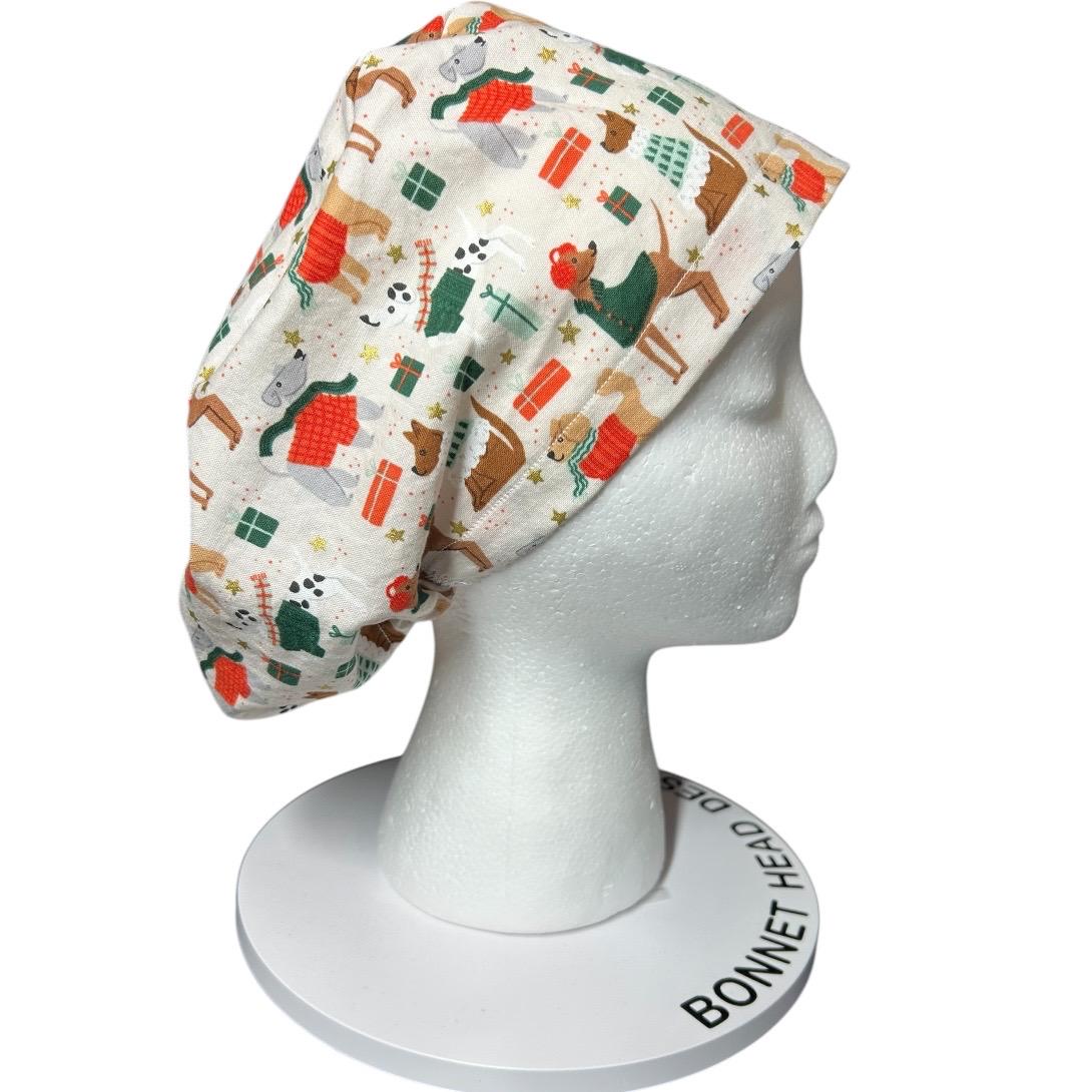 Christmas Dogs Euro Scrub hat: 'Merry Pawmas' Cream Fabric