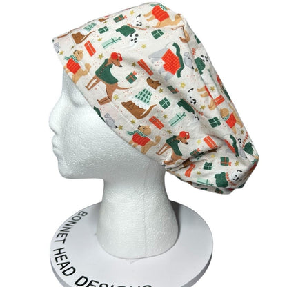 Christmas Dogs Euro Scrub hat: 'Merry Pawmas' Cream Fabric