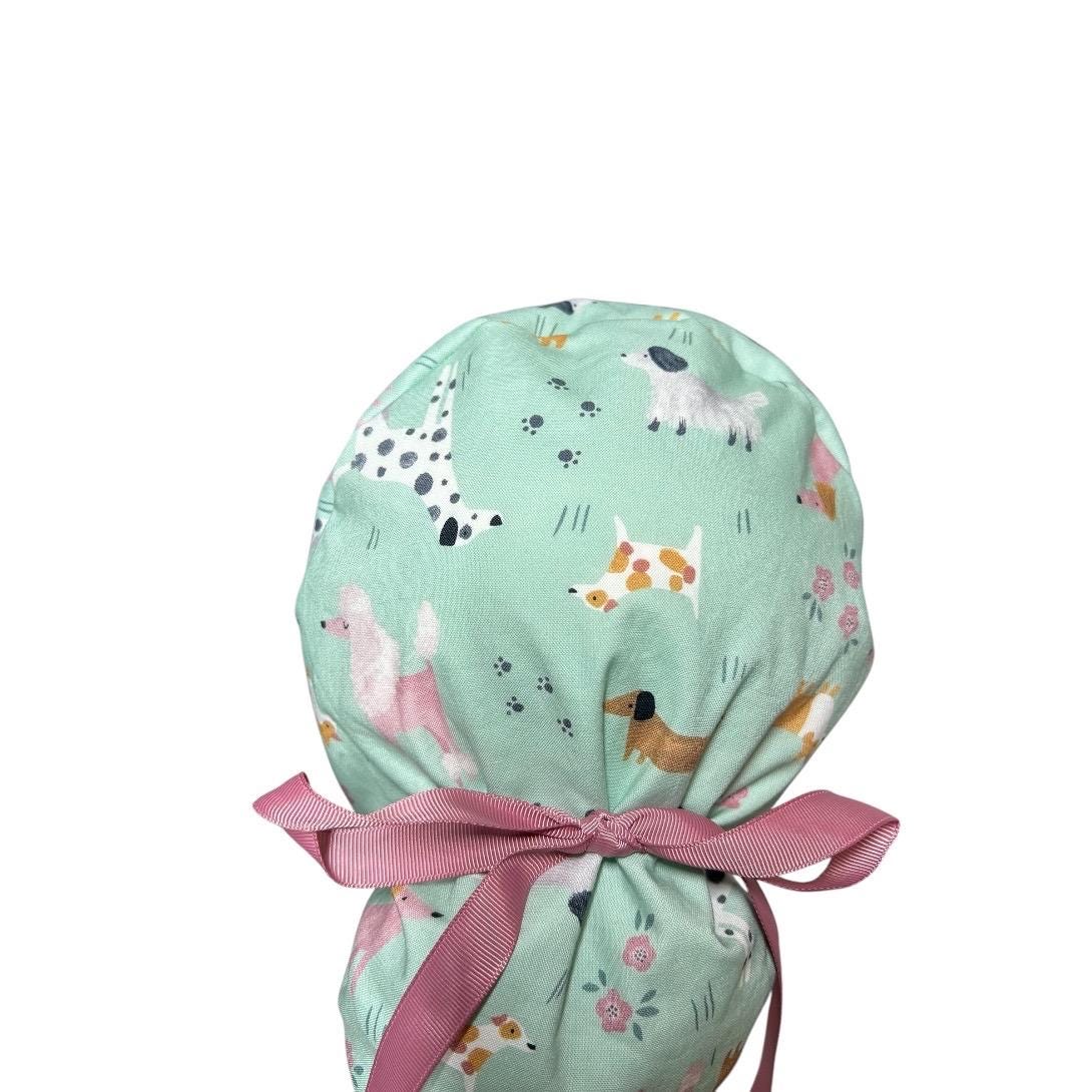 Mint green Dog Print Ponytail Scrub Cap - Nurse Surgical Hat with ribbon ties and adjustable pouch