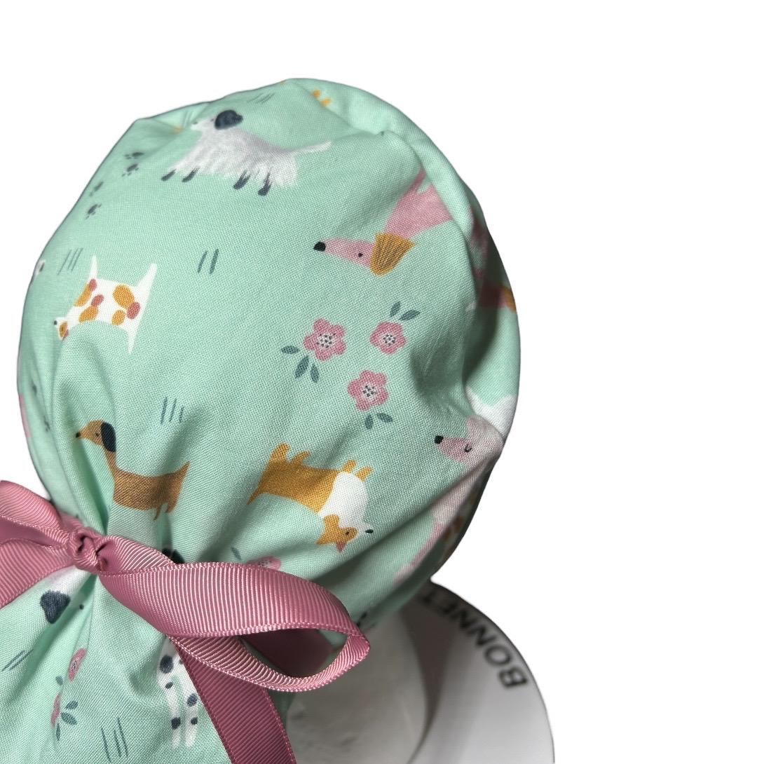 Mint green Dog Print Ponytail Scrub Cap - Nurse Surgical Hat with ribbon ties and adjustable pouch