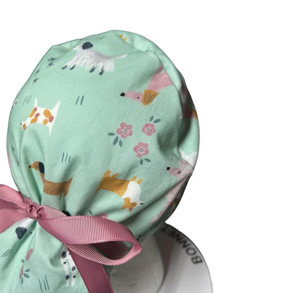 Mint green Dog Print Ponytail Scrub Cap - Nurse Surgical Hat with ribbon ties and adjustable pouch