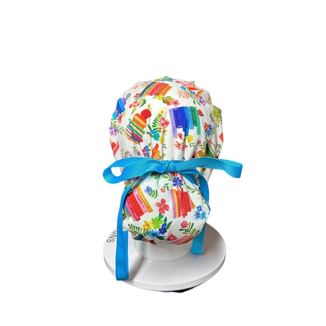 Floral Scrub Cap with Books, Ponytail Surgical Hat, Adjustable Bun cap