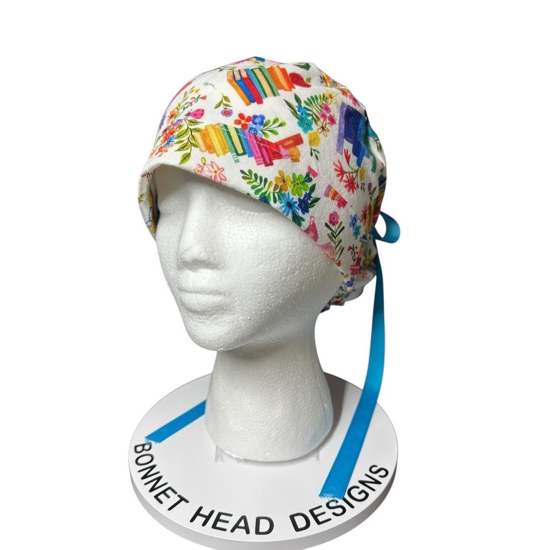 Floral Scrub Cap with Books, Ponytail Surgical Hat, Adjustable Bun cap