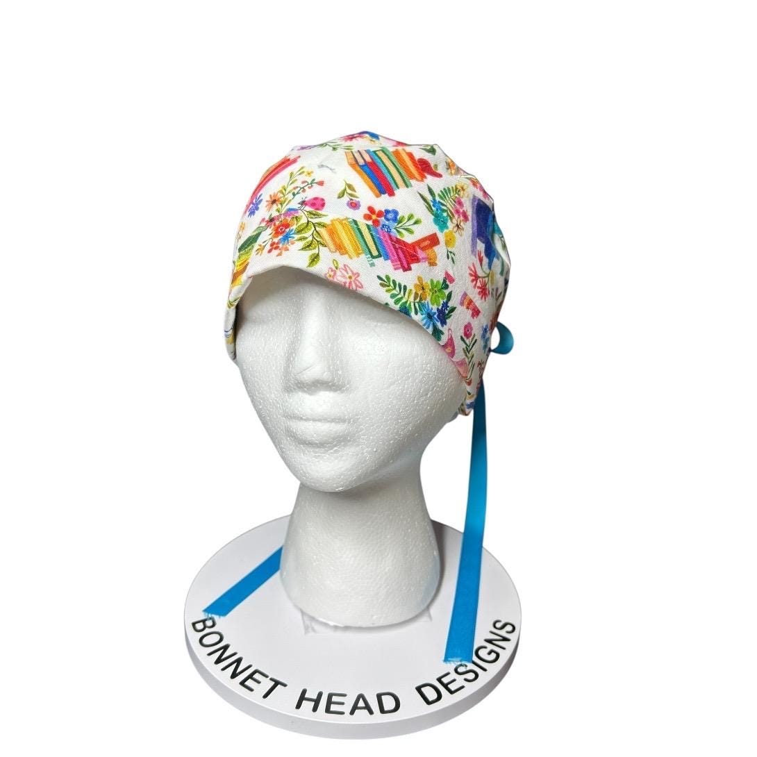Floral Scrub Cap with Books, Ponytail Surgical Hat, Adjustable Bun cap
