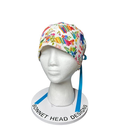 Floral Scrub Cap with Books, Ponytail Surgical Hat, Adjustable Bun cap