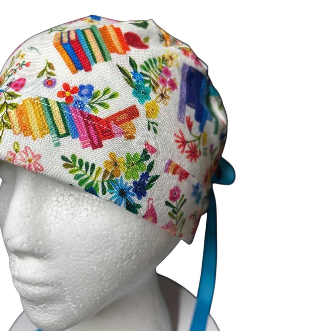 Floral Scrub Cap with Books, Ponytail Surgical Hat, Adjustable Bun cap