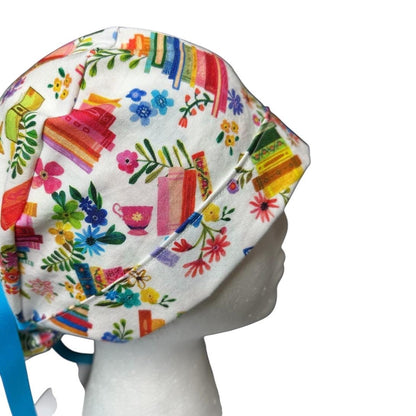Floral Scrub Cap with Books, Ponytail Surgical Hat, Adjustable Bun cap