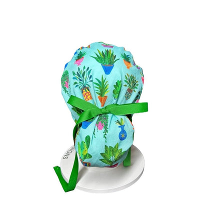 Plant Ponytail Scrub Hat | Teal Potted Plants, Green Ribbon