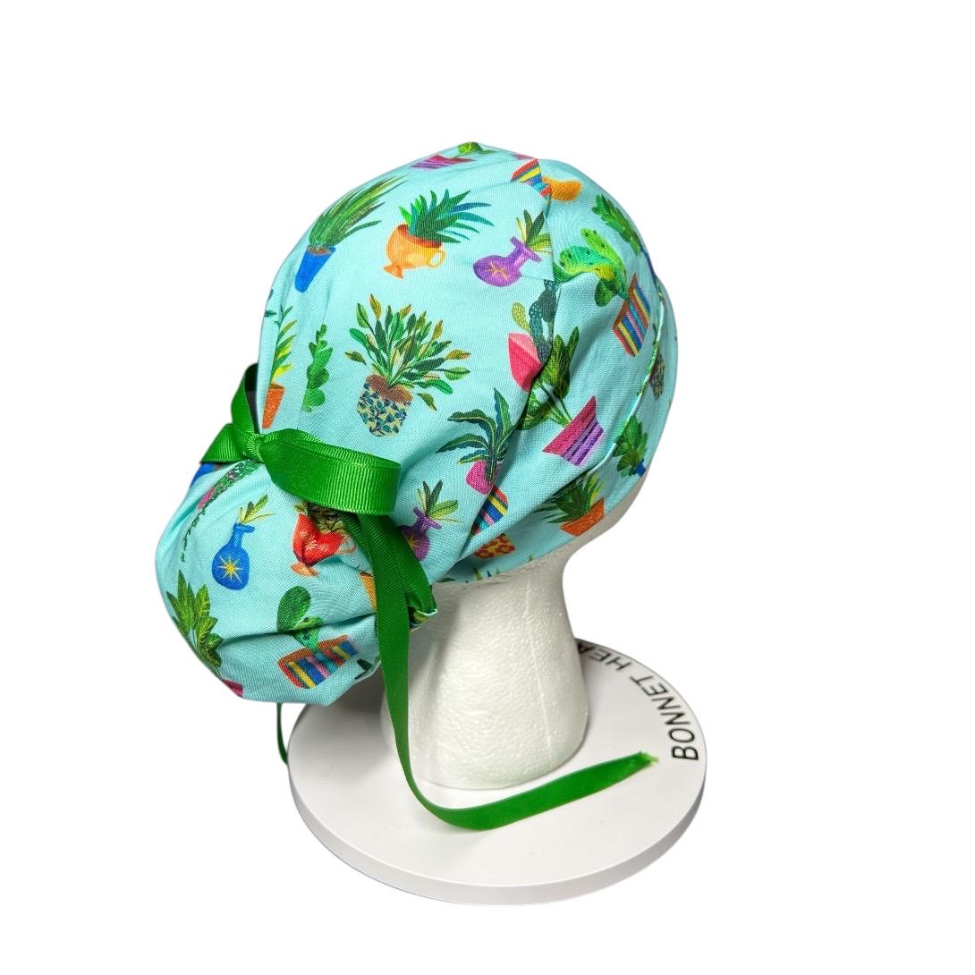 Plant Ponytail Scrub Hat | Teal Potted Plants, Green Ribbon