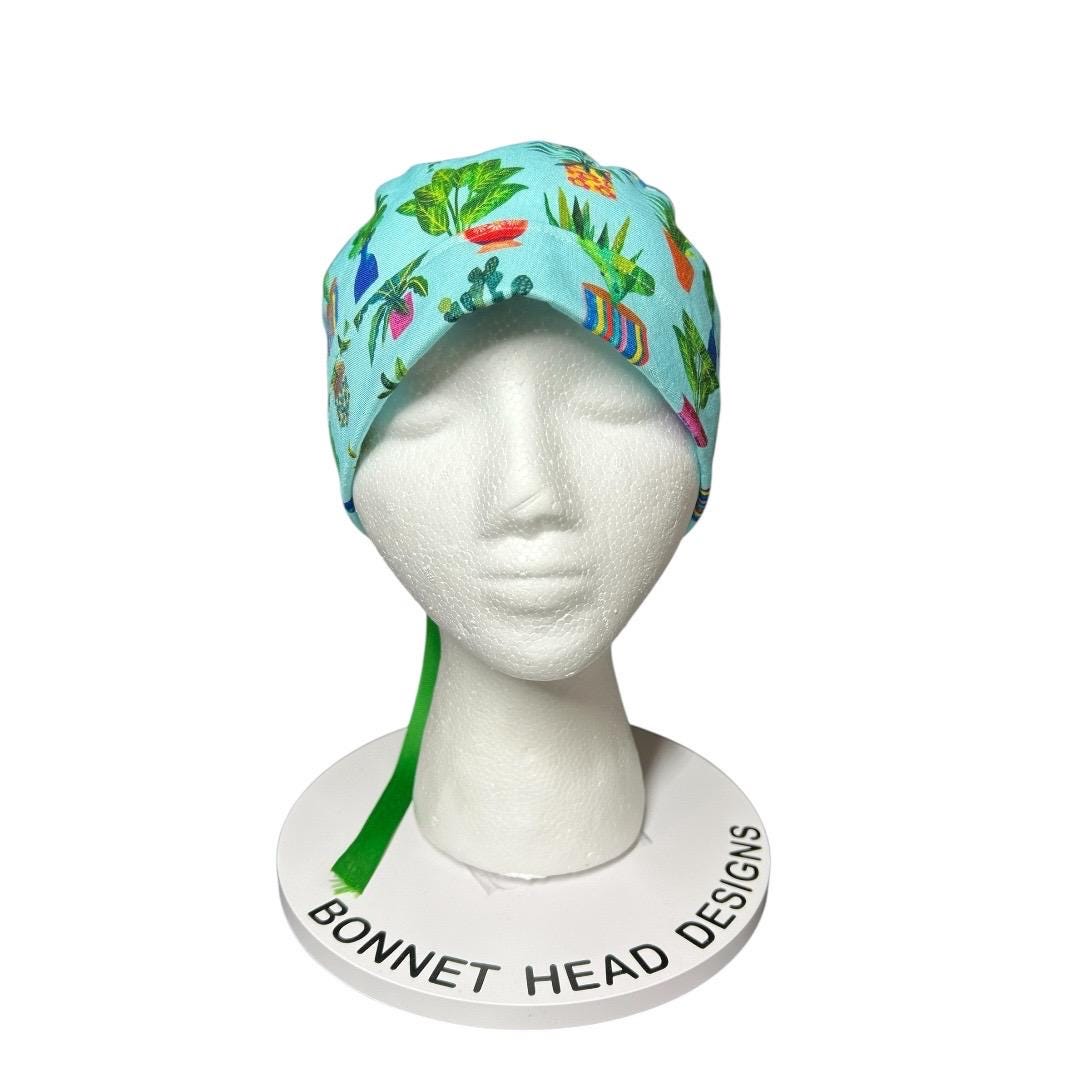 Plant Ponytail Scrub Hat | Teal Potted Plants, Green Ribbon