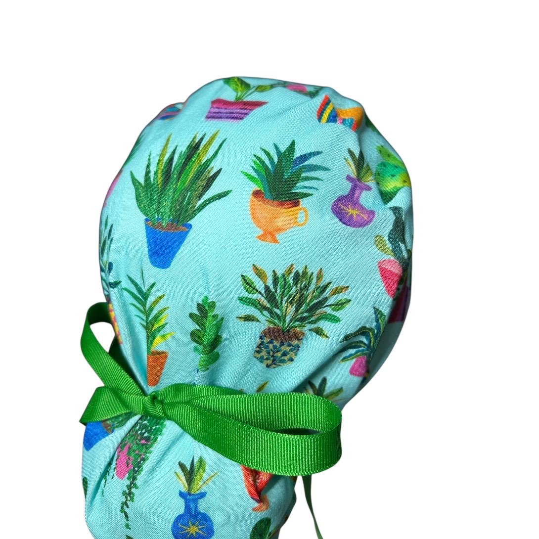 Plant Ponytail Scrub Hat | Teal Potted Plants, Green Ribbon