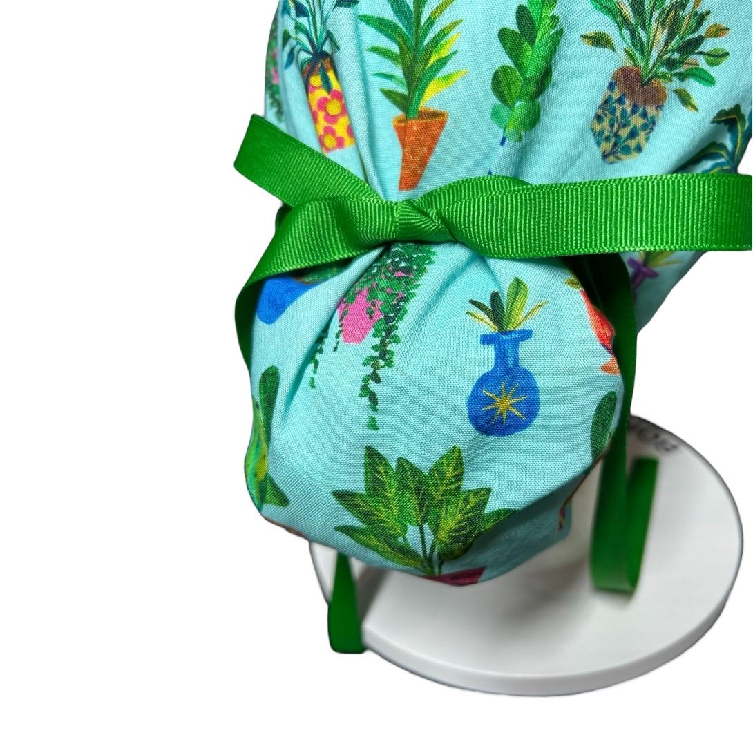 Plant Ponytail Scrub Hat | Teal Potted Plants, Green Ribbon