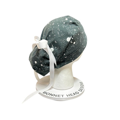 Night sky ponytail scrub hat: Black and white space print fabric with ribbon ties