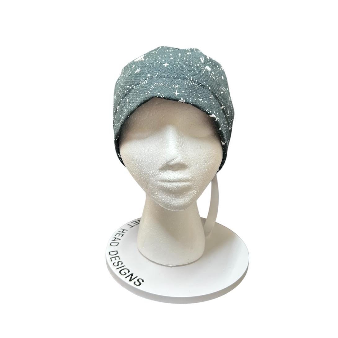 Night sky ponytail scrub hat: Black and white space print fabric with ribbon ties