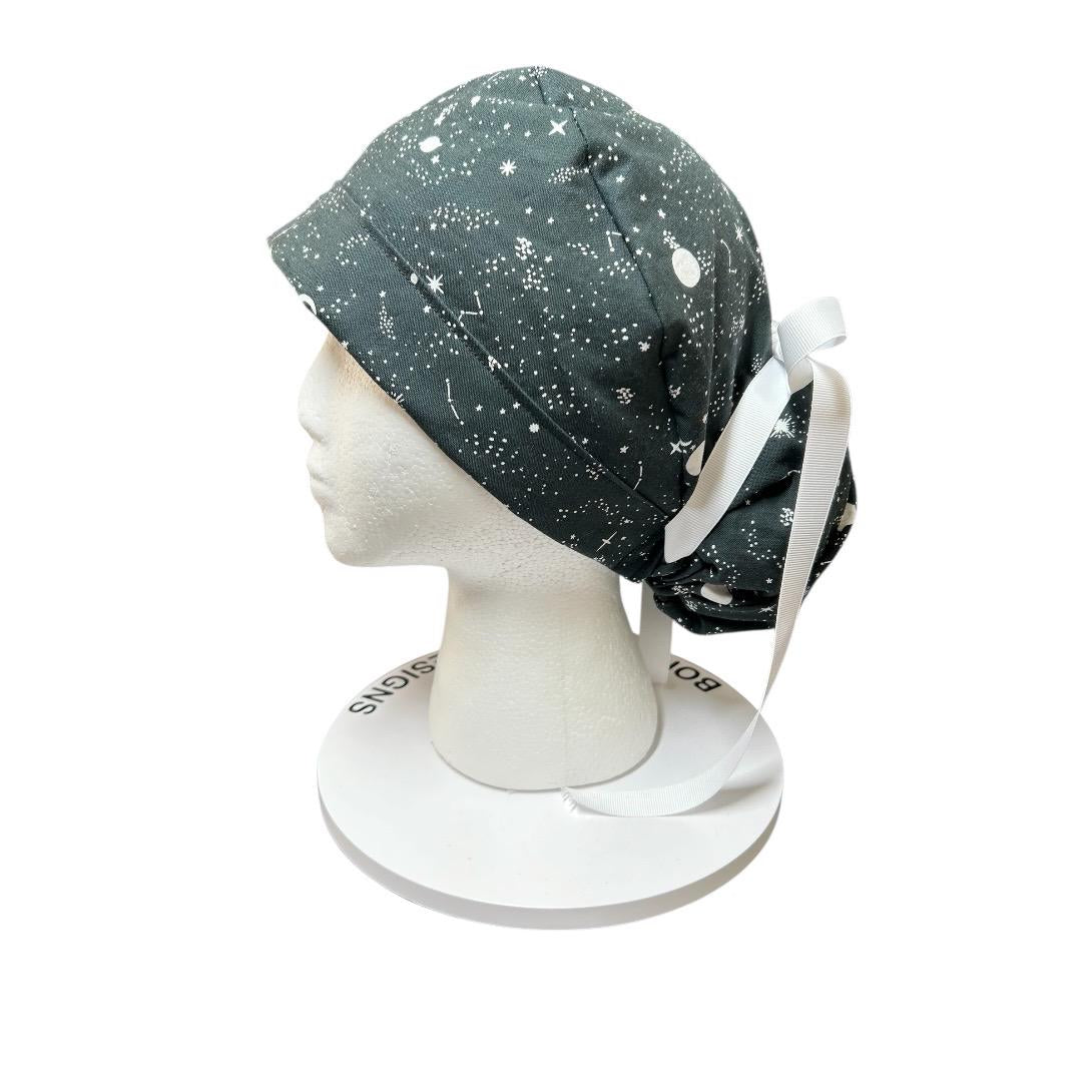 Night sky ponytail scrub hat: Black and white space print fabric with ribbon ties