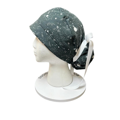 Night sky ponytail scrub hat: Black and white space print fabric with ribbon ties