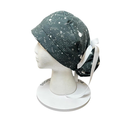 Night sky ponytail scrub hat: Black and white space print fabric with ribbon ties