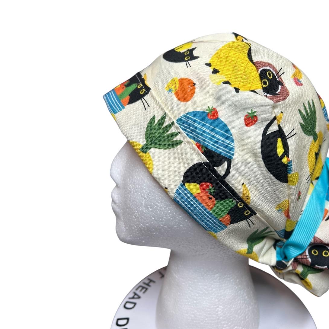 Cats and Fruits Ponytail Scrub Cap | Adjustable Ribbon Tie Nurse Hat