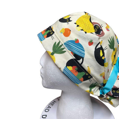 Cats and Fruits Ponytail Scrub Cap | Adjustable Ribbon Tie Nurse Hat