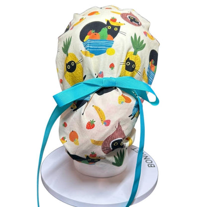 Cats and Fruits Ponytail Scrub Cap | Adjustable Ribbon Tie Nurse Hat