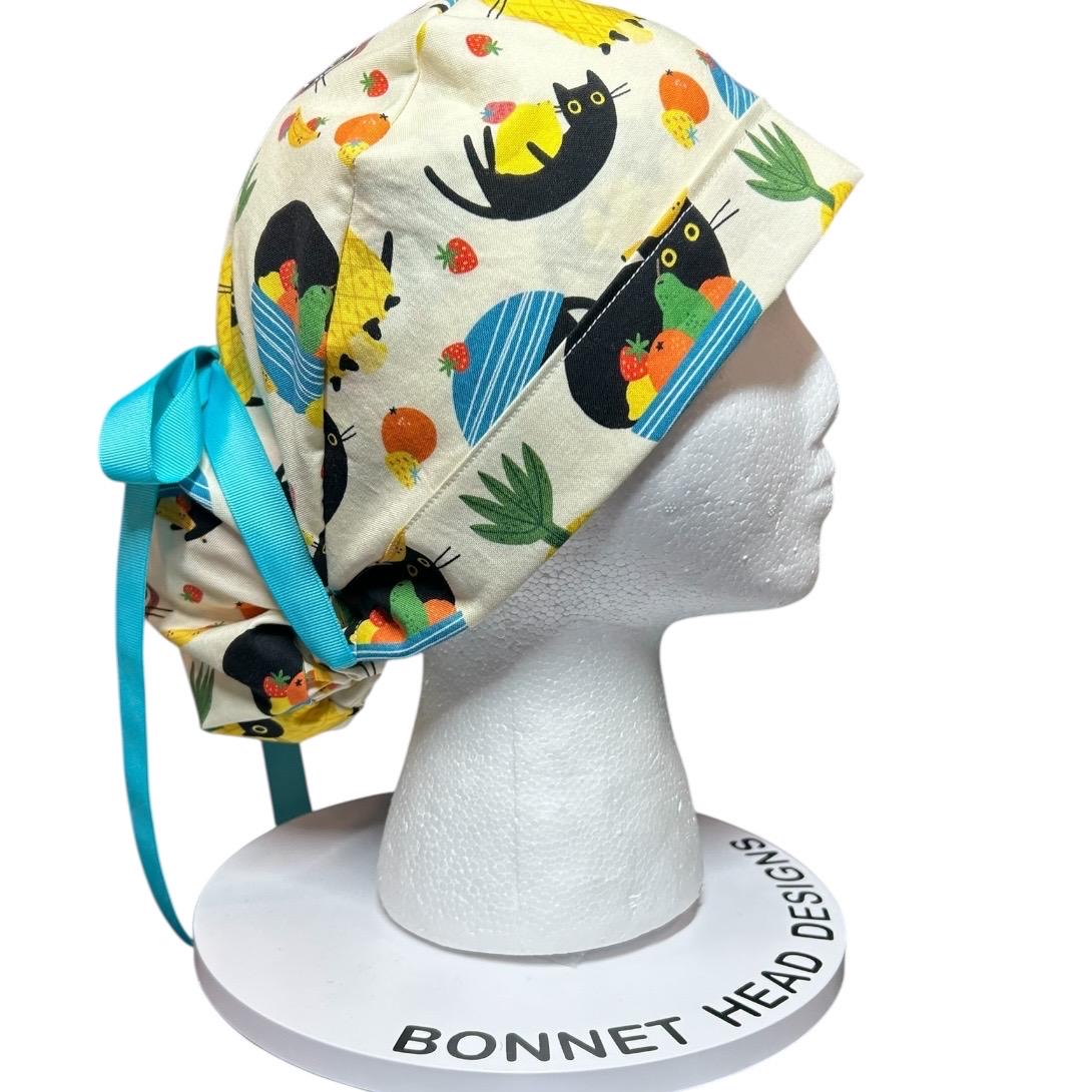Cats and Fruits Ponytail Scrub Cap | Adjustable Ribbon Tie Nurse Hat