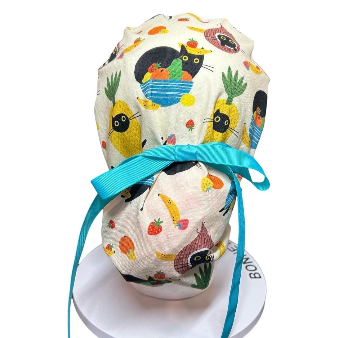 Cats and Fruits Ponytail Scrub Cap | Adjustable Ribbon Tie Nurse Hat