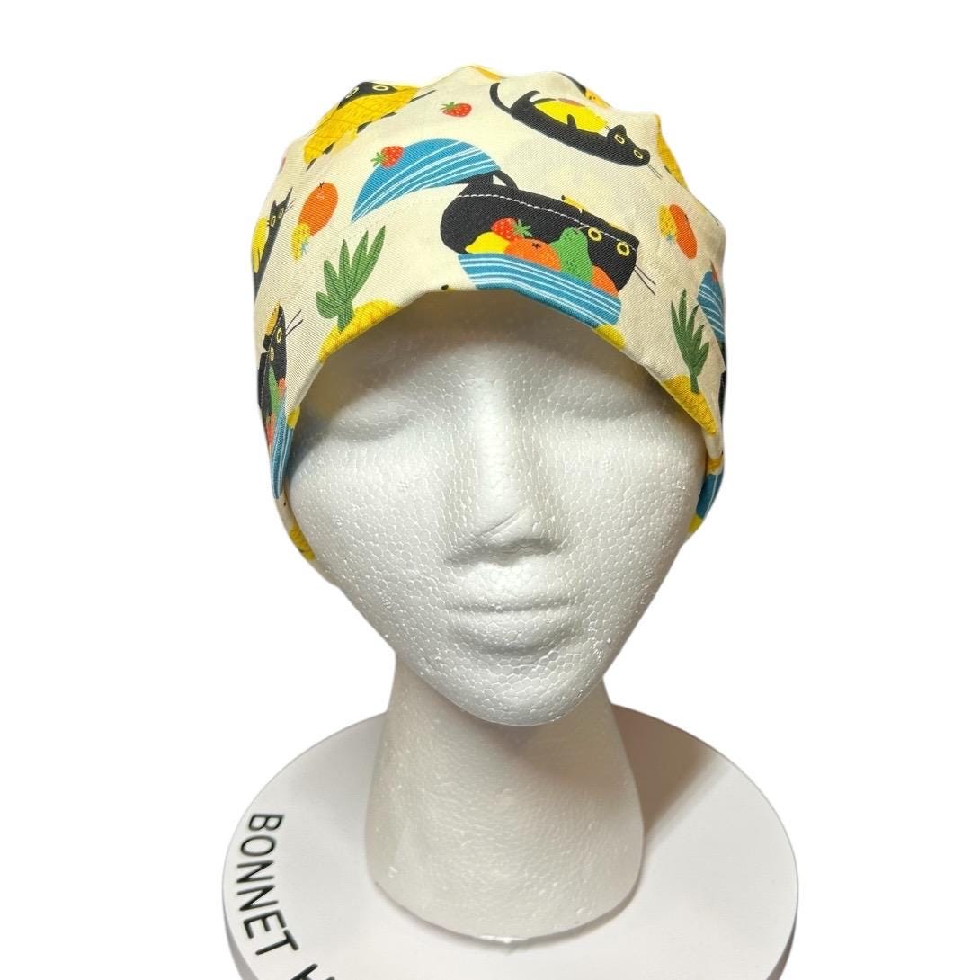 Cats and Fruits Ponytail Scrub Cap | Adjustable Ribbon Tie Nurse Hat