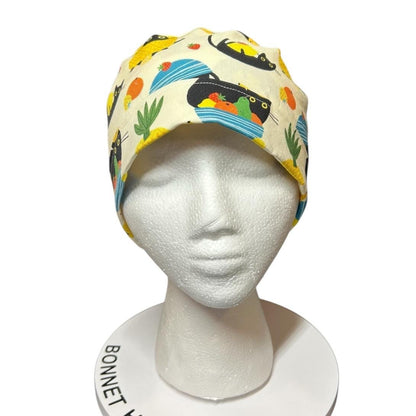 Cats and Fruits Ponytail Scrub Cap | Adjustable Ribbon Tie Nurse Hat