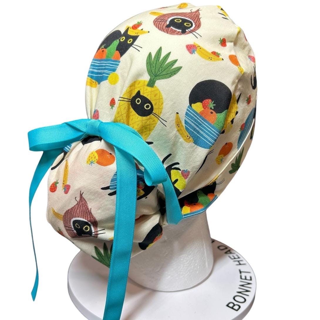 Cats and Fruits Ponytail Scrub Cap | Adjustable Ribbon Tie Nurse Hat