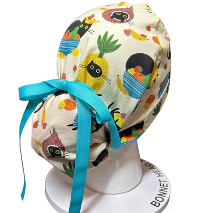 Cats and Fruits Ponytail Scrub Cap | Adjustable Ribbon Tie Nurse Hat