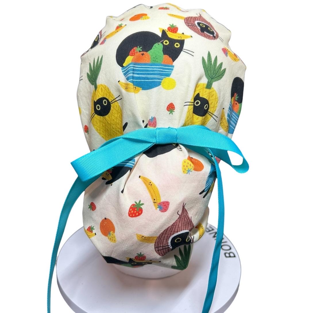 Cats and Fruits Ponytail Scrub Cap | Adjustable Ribbon Tie Nurse Hat