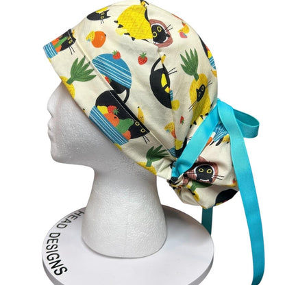 Cats and Fruits Ponytail Scrub Cap | Adjustable Ribbon Tie Nurse Hat