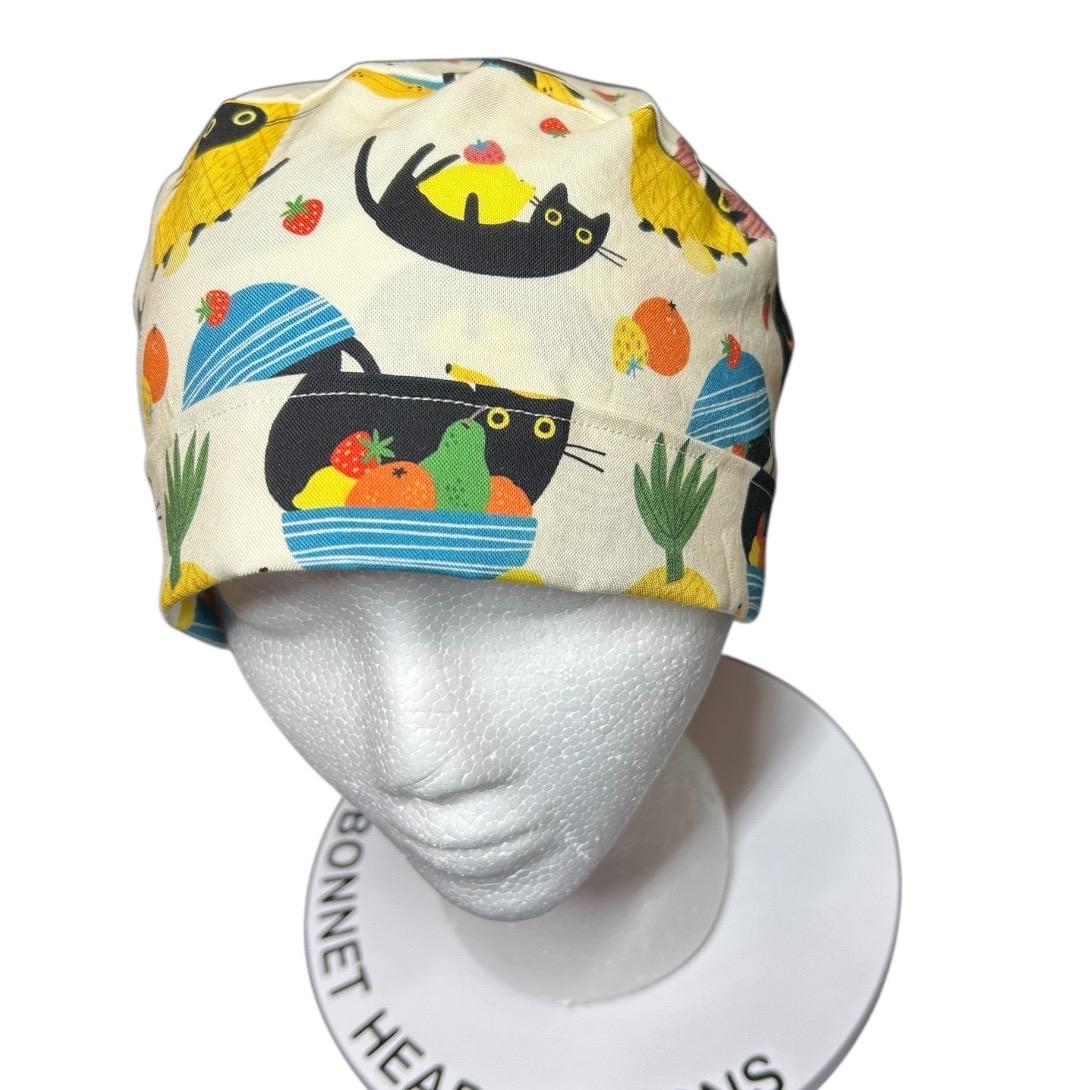 Cats and Fruits Ponytail Scrub Cap | Adjustable Ribbon Tie Nurse Hat