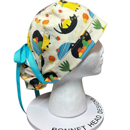 Cats and Fruits Ponytail Scrub Cap | Adjustable Ribbon Tie Nurse Hat