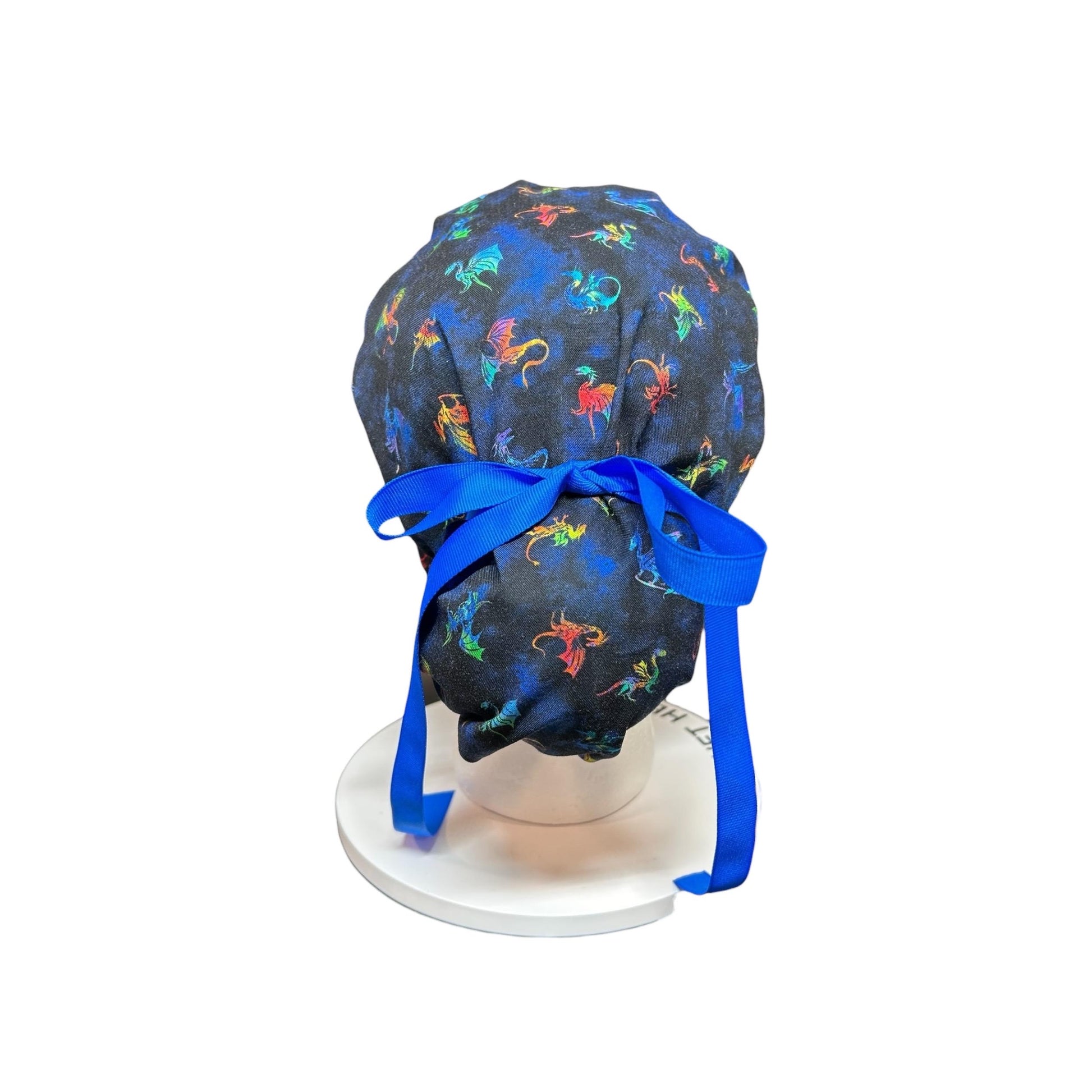 Women’s dragon print ponytail scrub cap: satin lining option and adjustable pocket