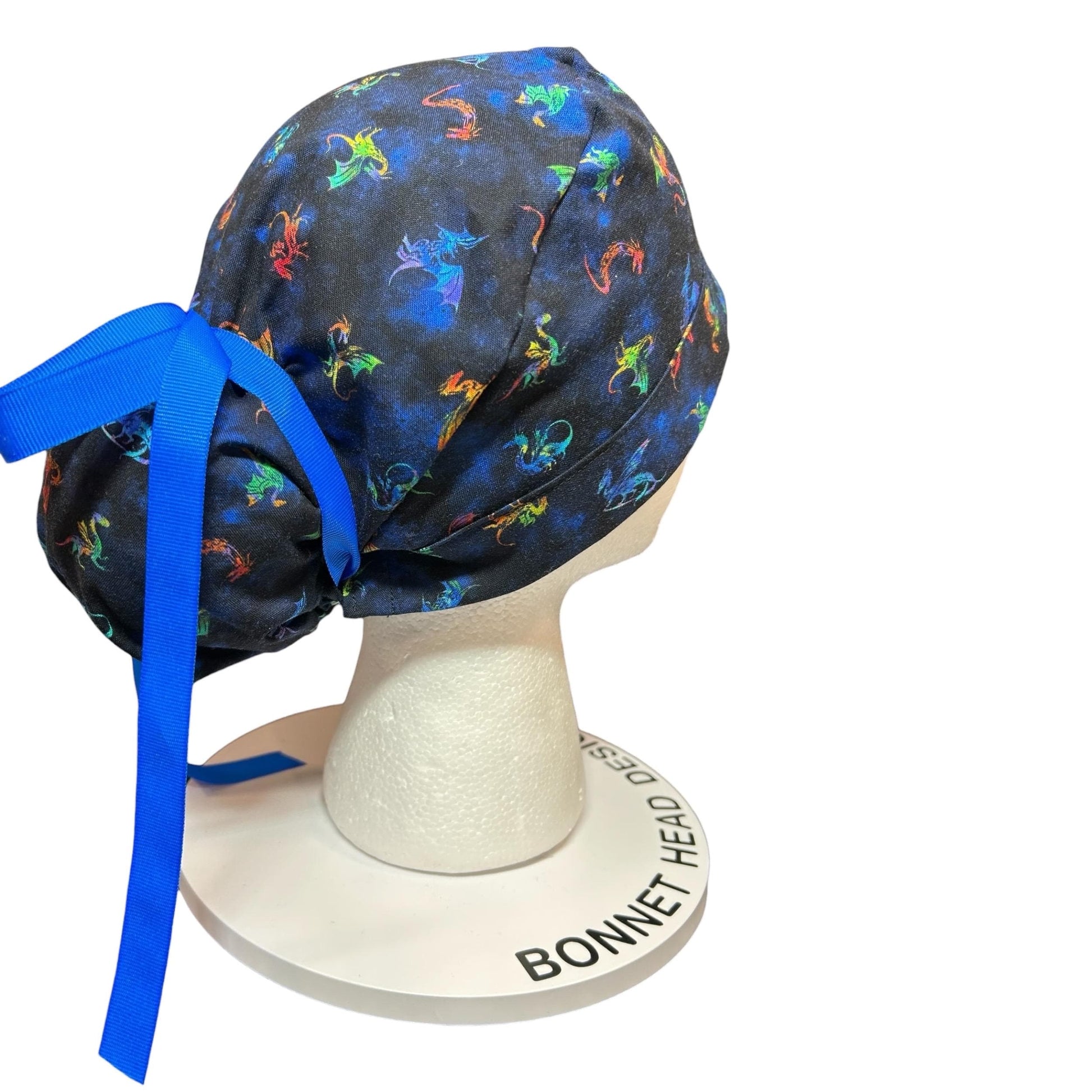 Women’s dragon print ponytail scrub cap: satin lining option and adjustable pocket