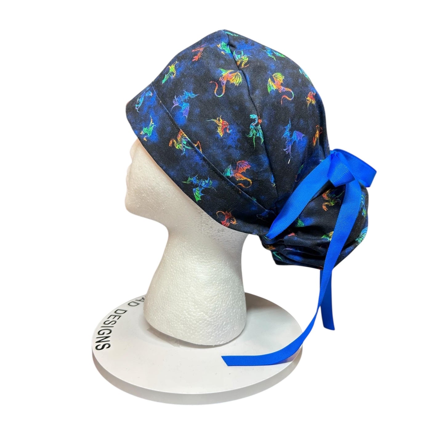 Women’s dragon print ponytail scrub cap: satin lining option and adjustable pocket