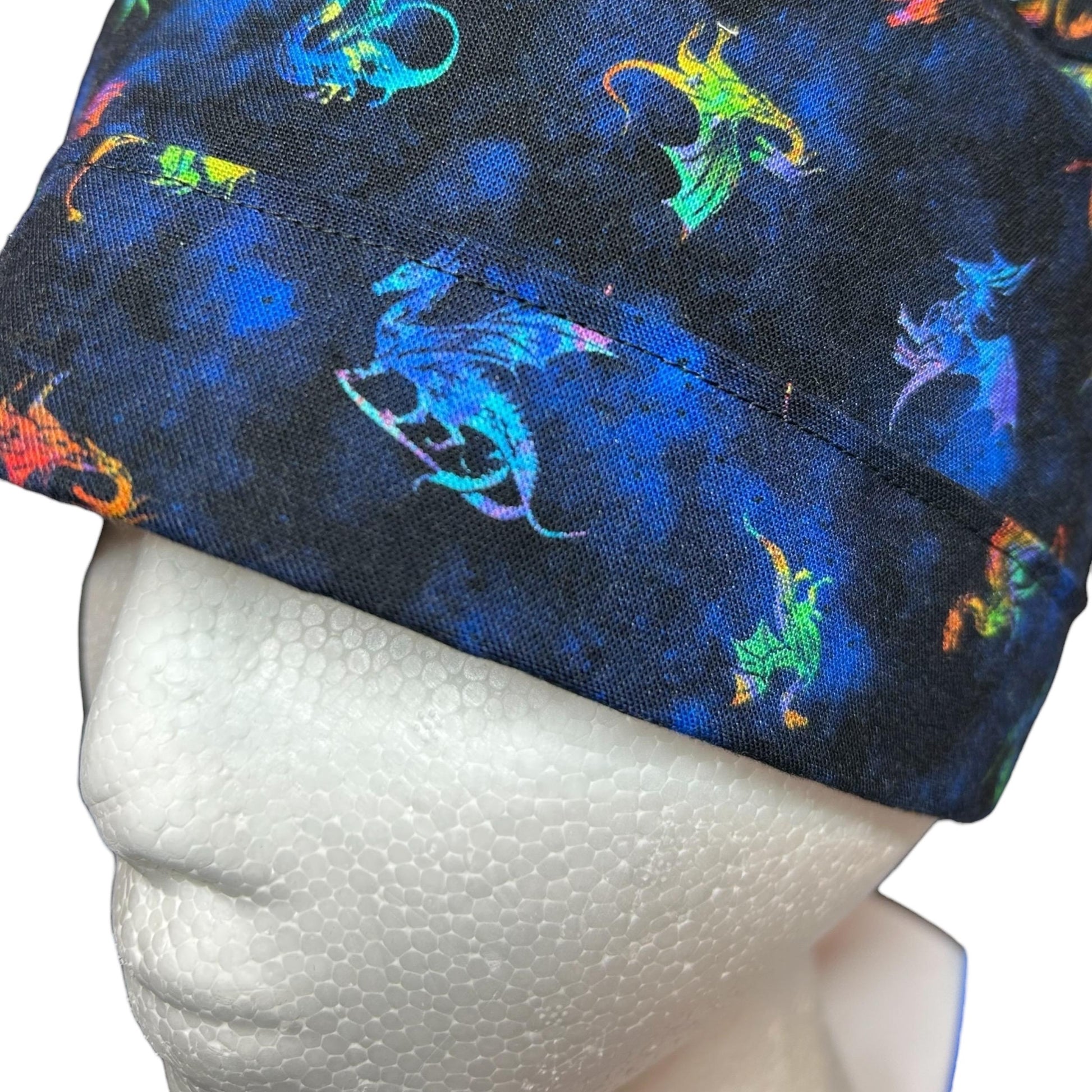 Women’s dragon print ponytail scrub cap: satin lining option and adjustable pocket