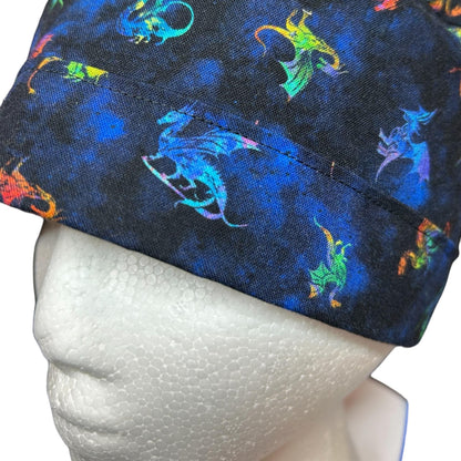 Women’s dragon print ponytail scrub cap: satin lining option and adjustable pocket