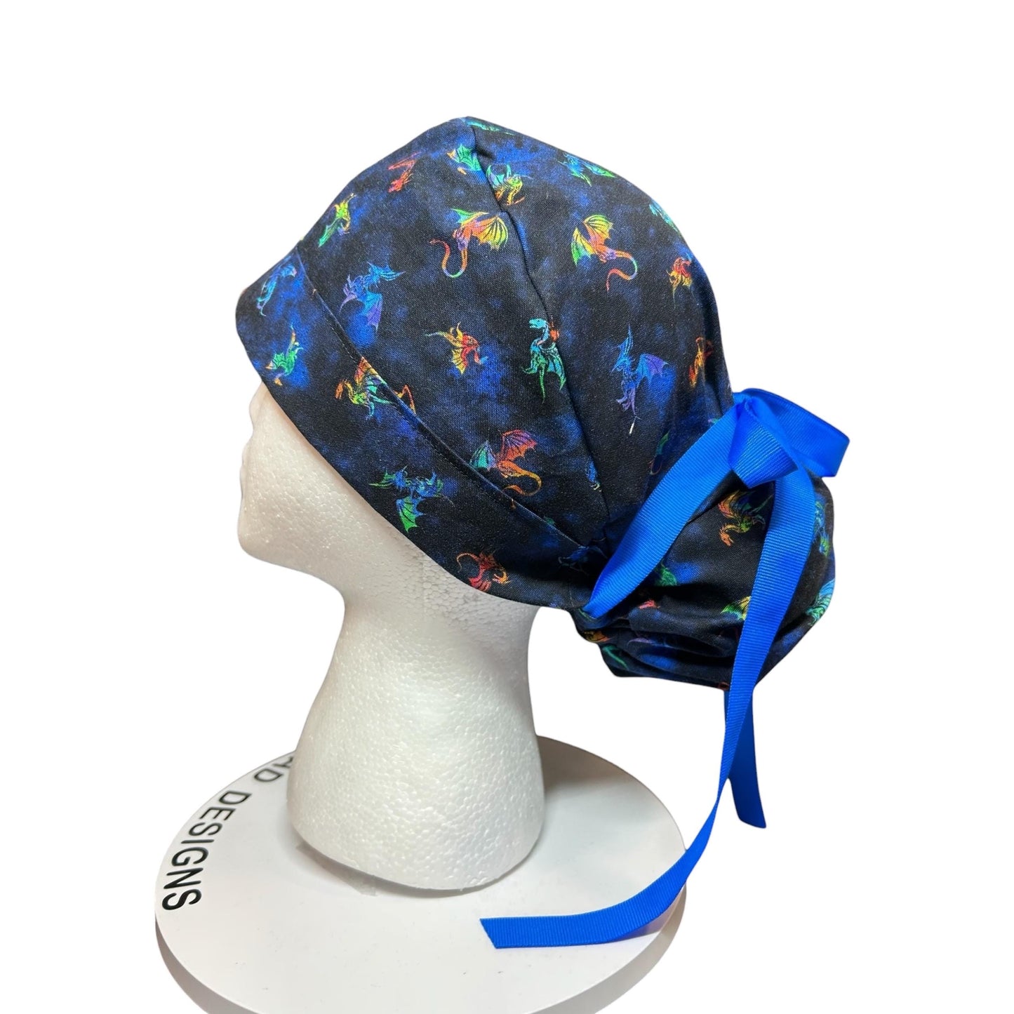 Women’s dragon print ponytail scrub cap: satin lining option and adjustable pocket