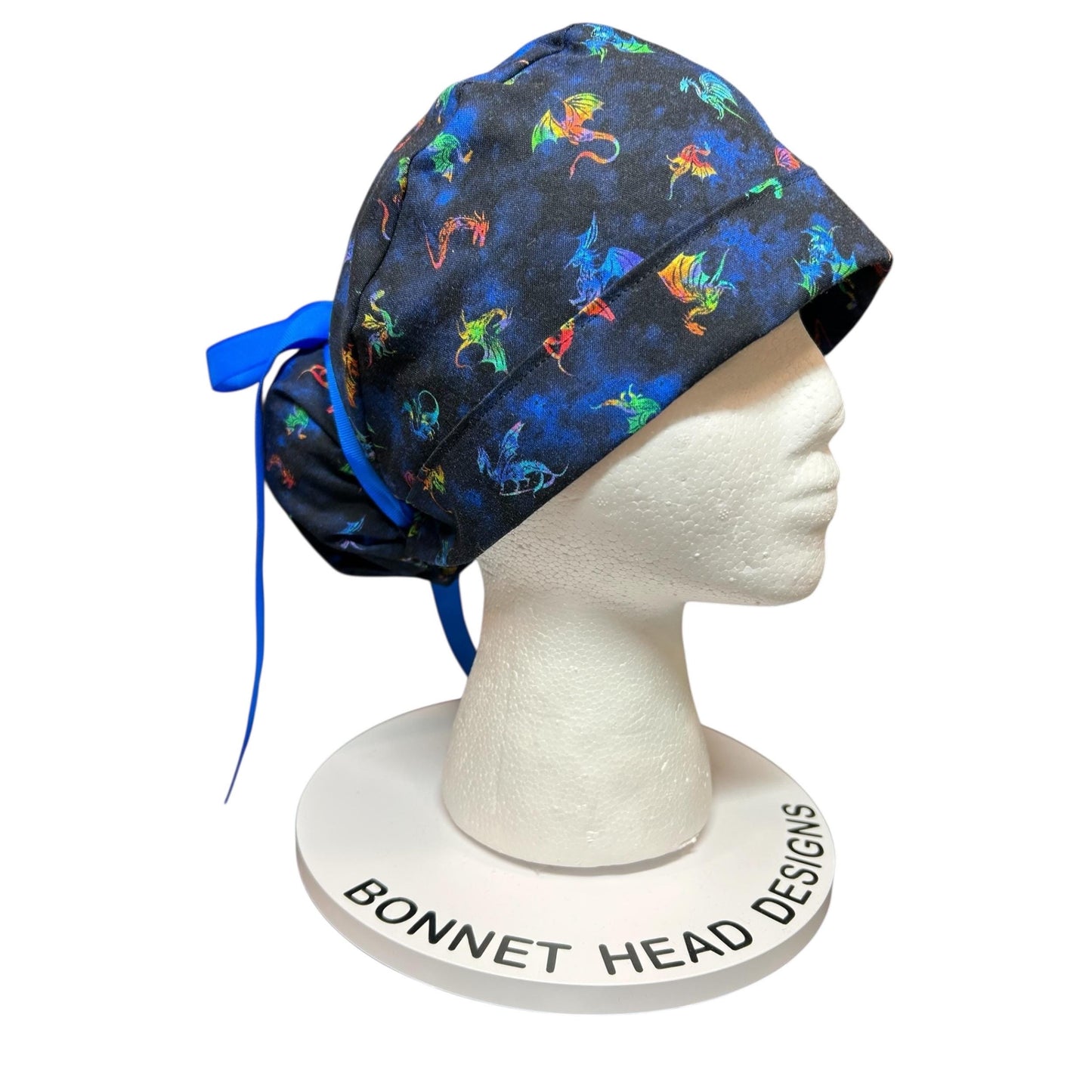 Women’s dragon print ponytail scrub cap: satin lining option and adjustable pocket