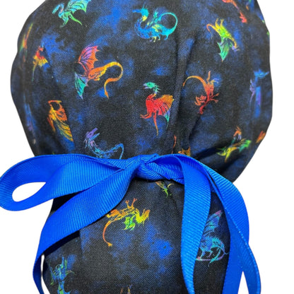 Women’s dragon print ponytail scrub cap: satin lining option and adjustable pocket