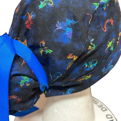 Women’s dragon print ponytail scrub cap: satin lining option and adjustable pocket
