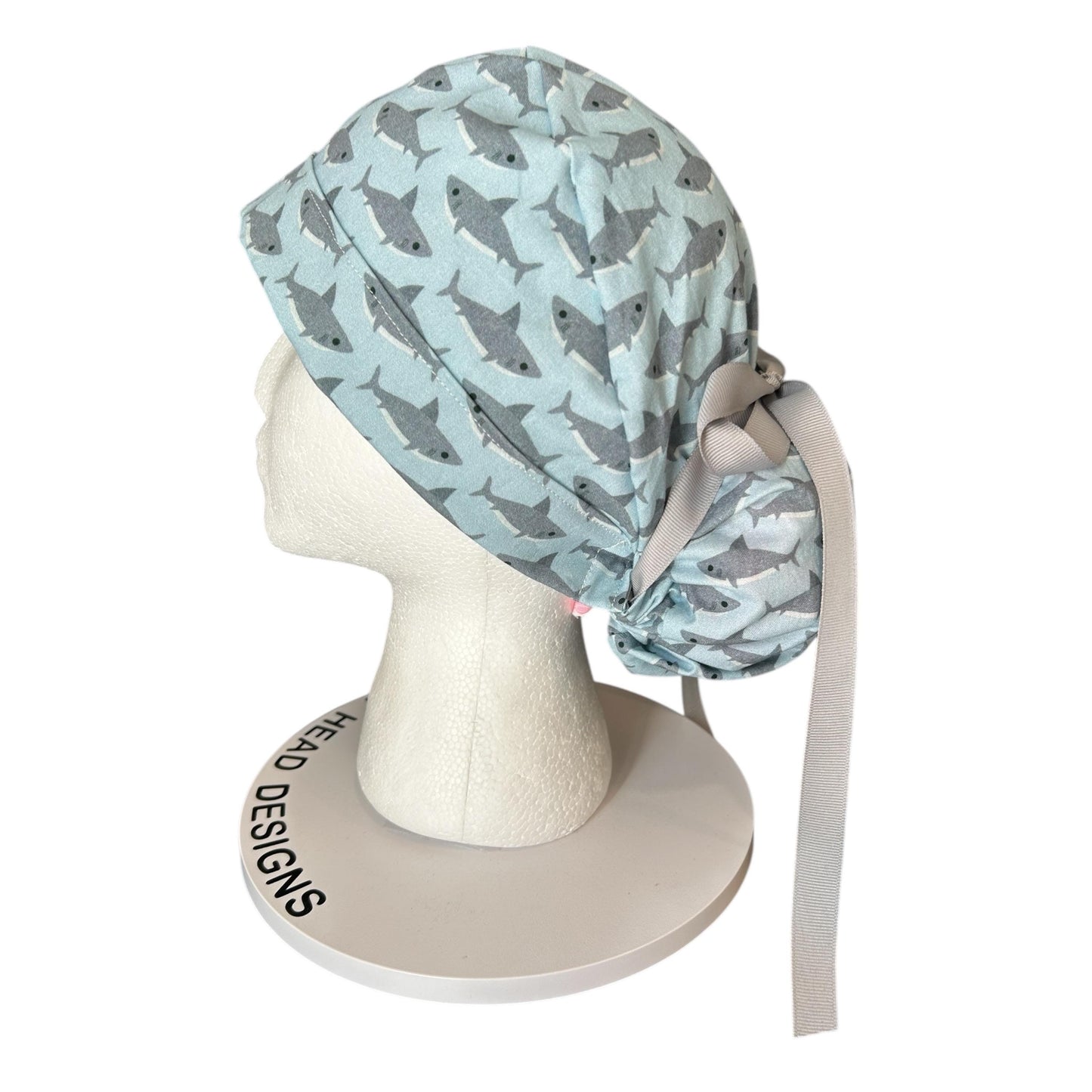 Shark Print Ponytail Scrub Cap- women’s scrub hat with ribbon ties and optional satin lining, nurses week gift