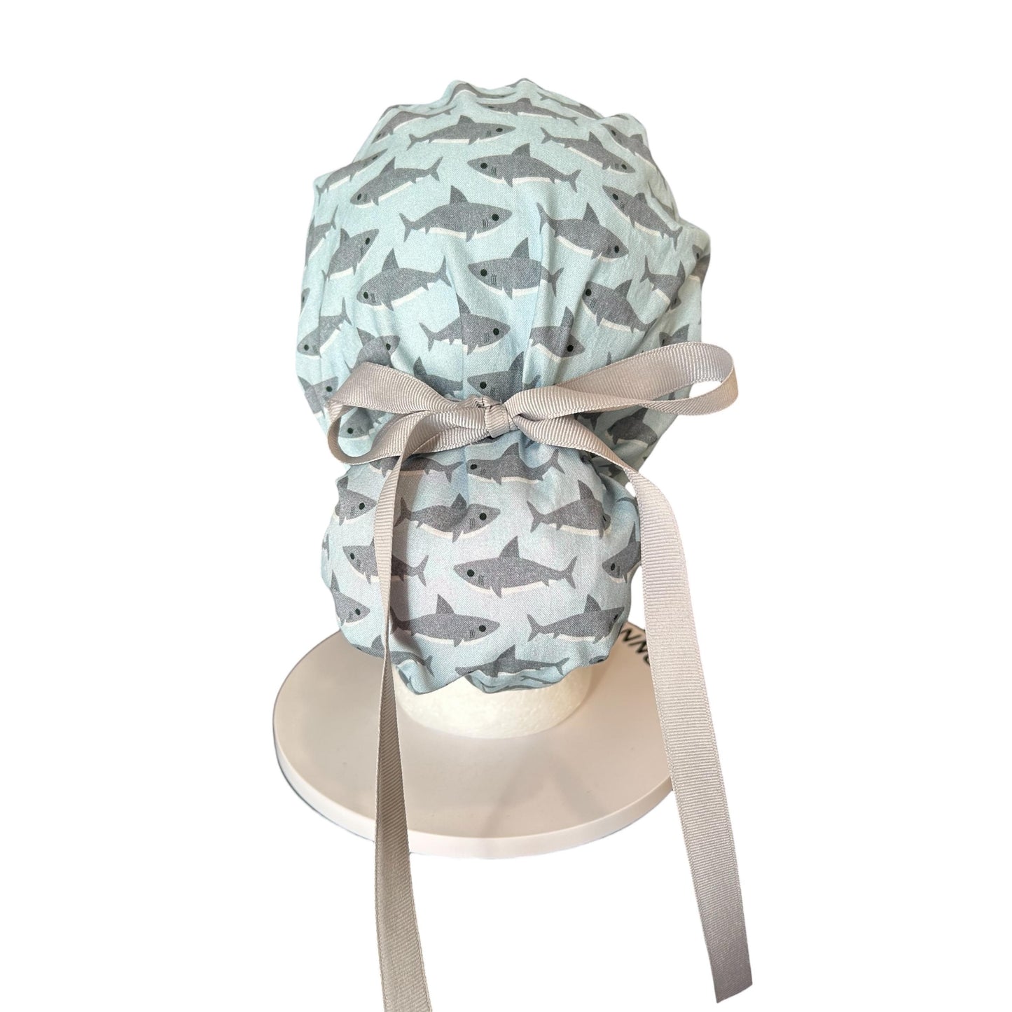 Shark Print Ponytail Scrub Cap- women’s scrub hat with ribbon ties and optional satin lining, nurses week gift