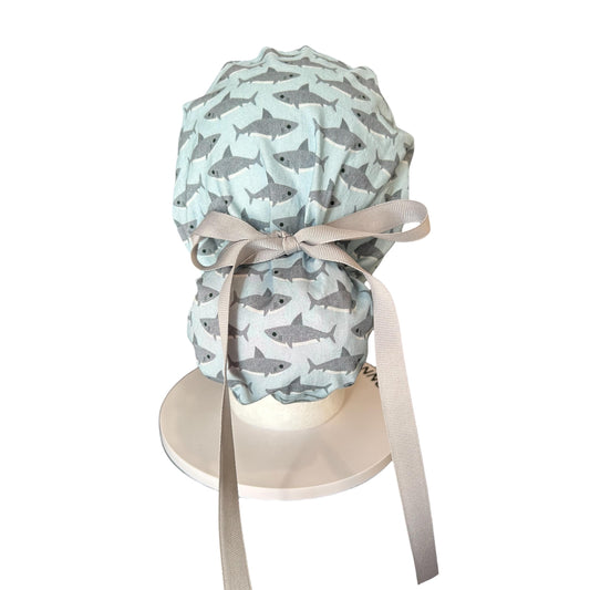 Shark Print Ponytail Scrub Cap- women’s scrub hat with ribbon ties and optional satin lining, nurses week gift