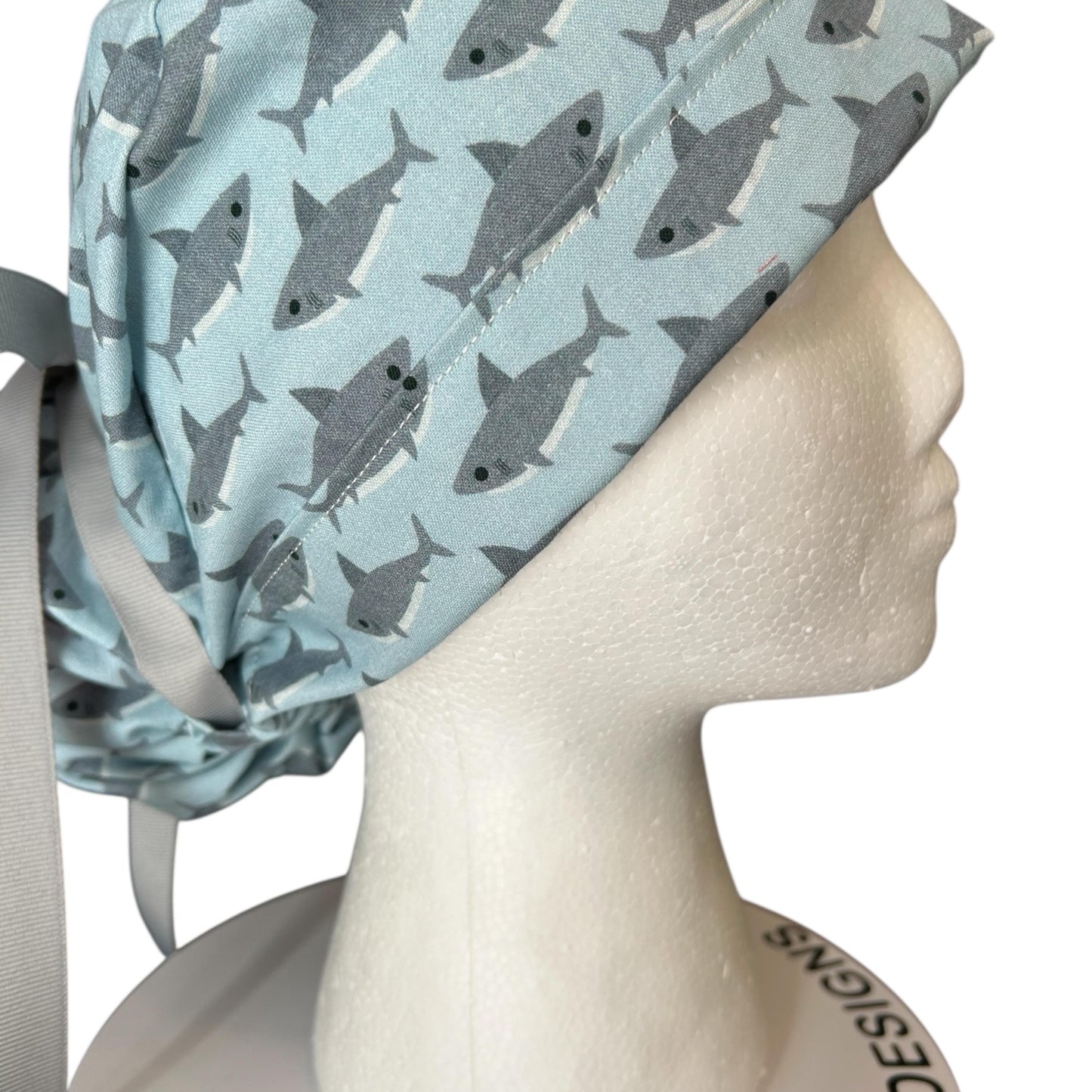 Shark Print Ponytail Scrub Cap- women’s scrub hat with ribbon ties and optional satin lining, nurses week gift