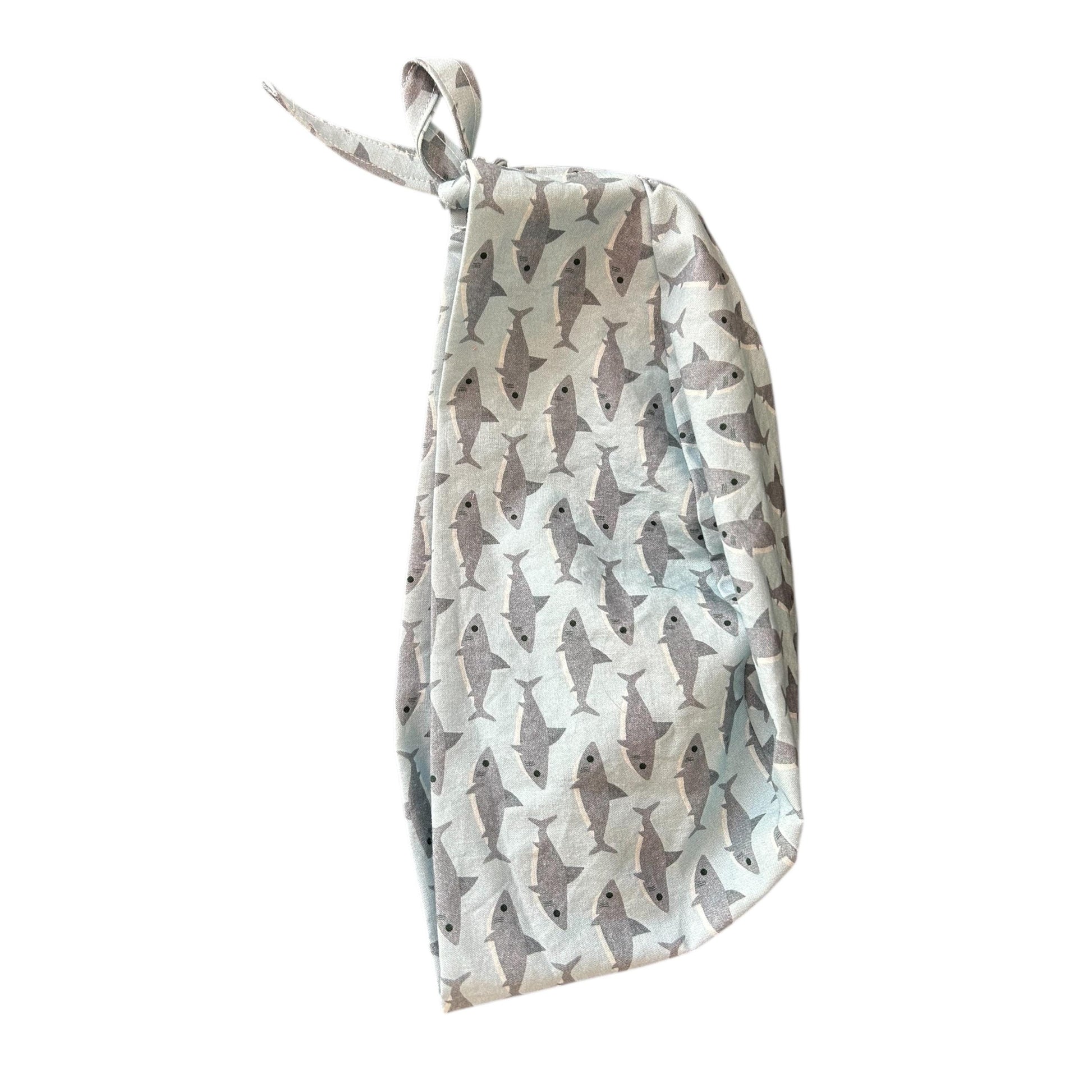 Men’s blue and gray shark print scrub cap: surgeon style with ties